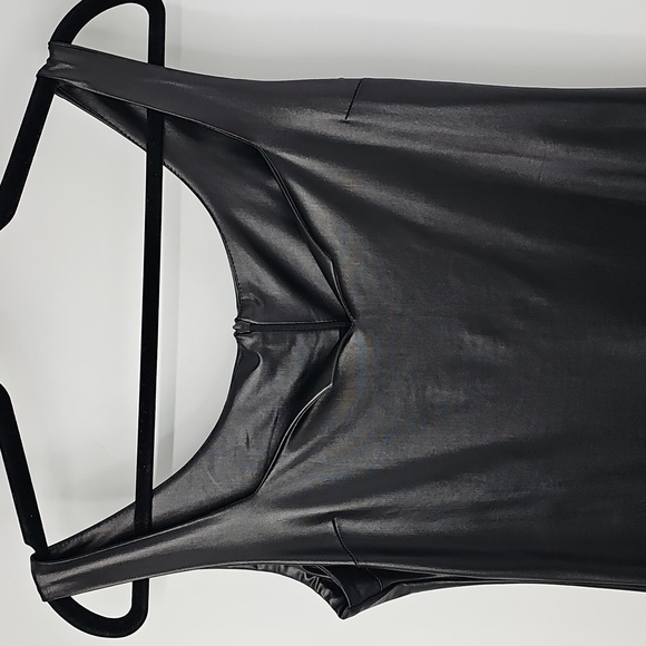 Black Leather-look Fitted Bodycon Grunge Dress Back Slit Stretchy Sexy Vamp Sz:L - Picture 3 of 9